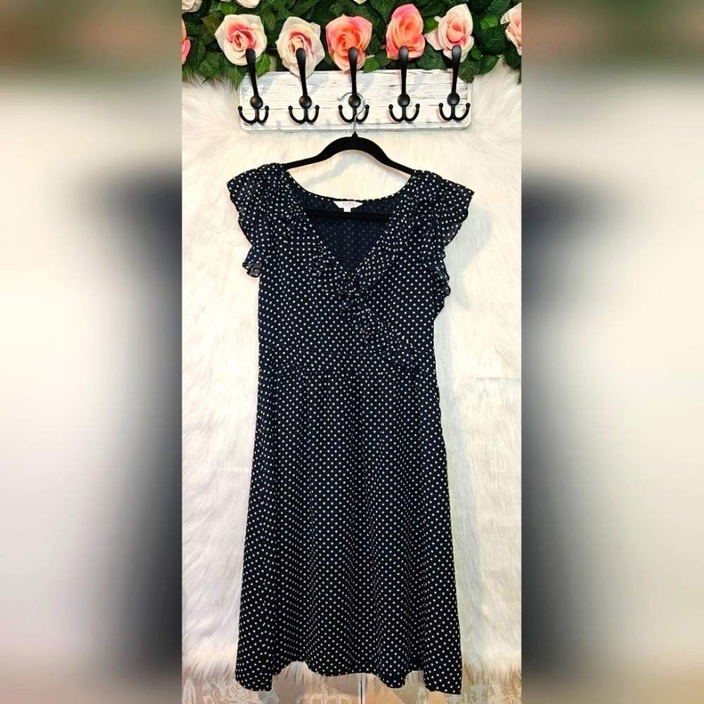 Alfred Sung Black and White Flutter Sleeve Ruffled A-line Midi Dress